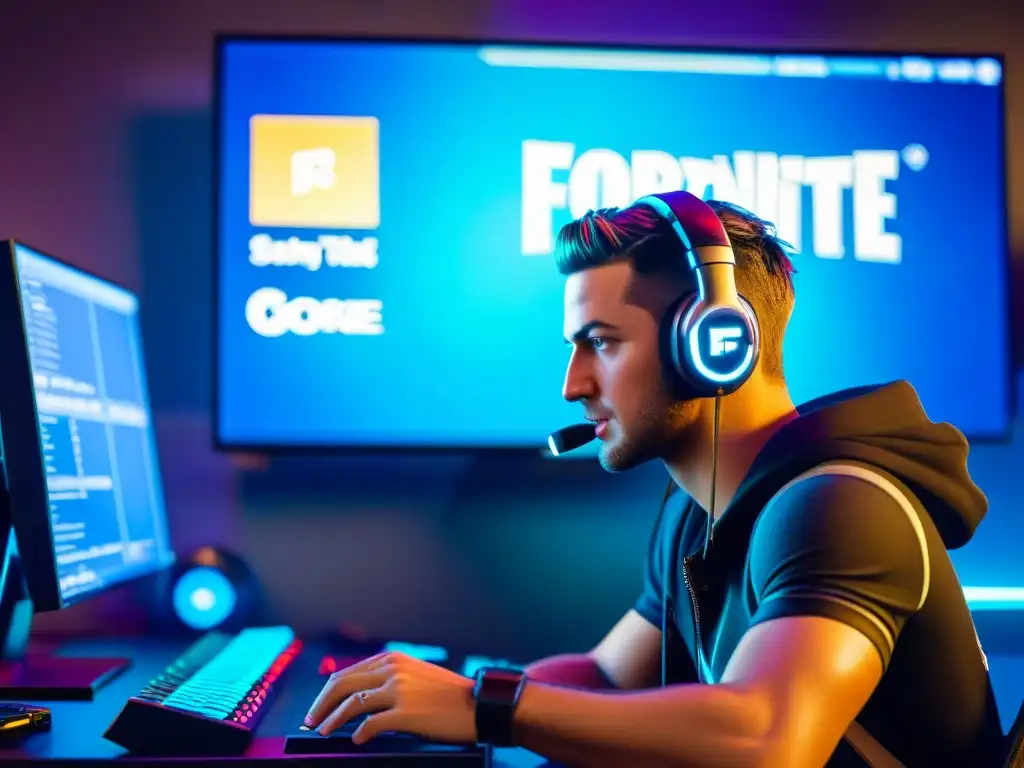 Jugador de Fortnite concentrado en la competencia, rodeado de equipo y pósters de juego