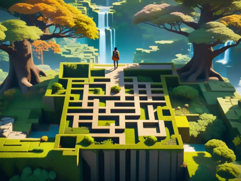 Un jugador en The Witness historia, resolviendo puzzles en un acantilado vibrante y laberíntico