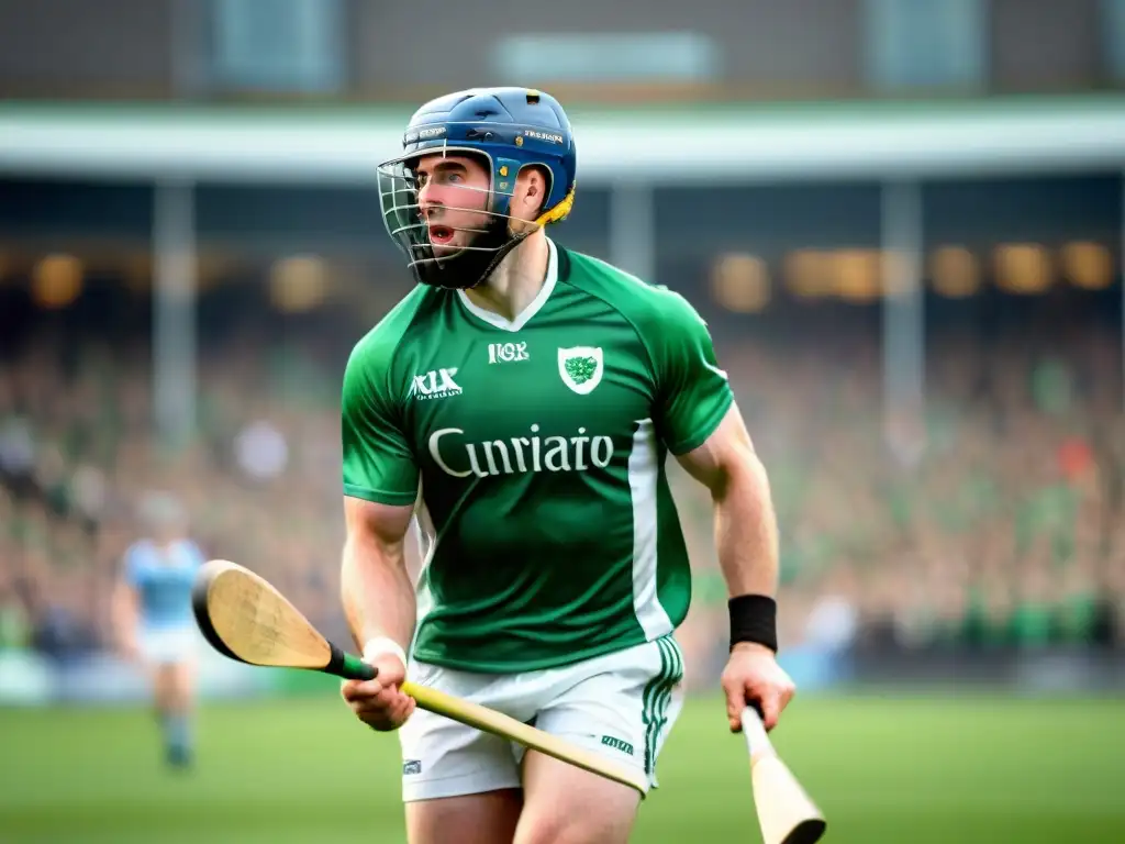 Emoción en el campo de hurling: jugador en acción Jugador de hurling concentrado en el campo verde, listo para impactar