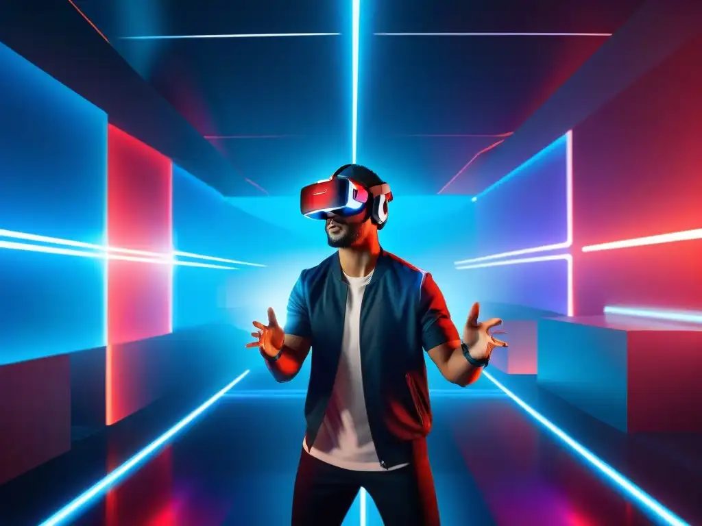 Jugador inmerso en Beat Saber: Realidad Virtual vibrante Jugador inmerso en mundo VR de Beat Saber, cortando bloques con precisión