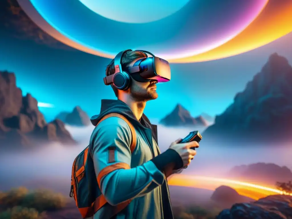 Jugador en VR inmerso en mundo futurista, colores vibrantes y tecnología avanzada, mejores juegos realidad virtual 2022