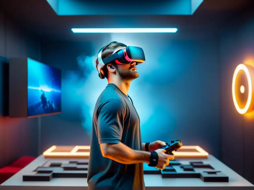 Jugador de realidad virtual inmerso en mundo futurista Jugador inmerso en mundo VR futurista, resolviendo puzzles y combatiendo enemigos