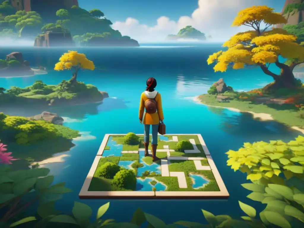 Un jugador en The Witness resolviendo un intrincado panel de puzzles en un misterioso escenario de isla