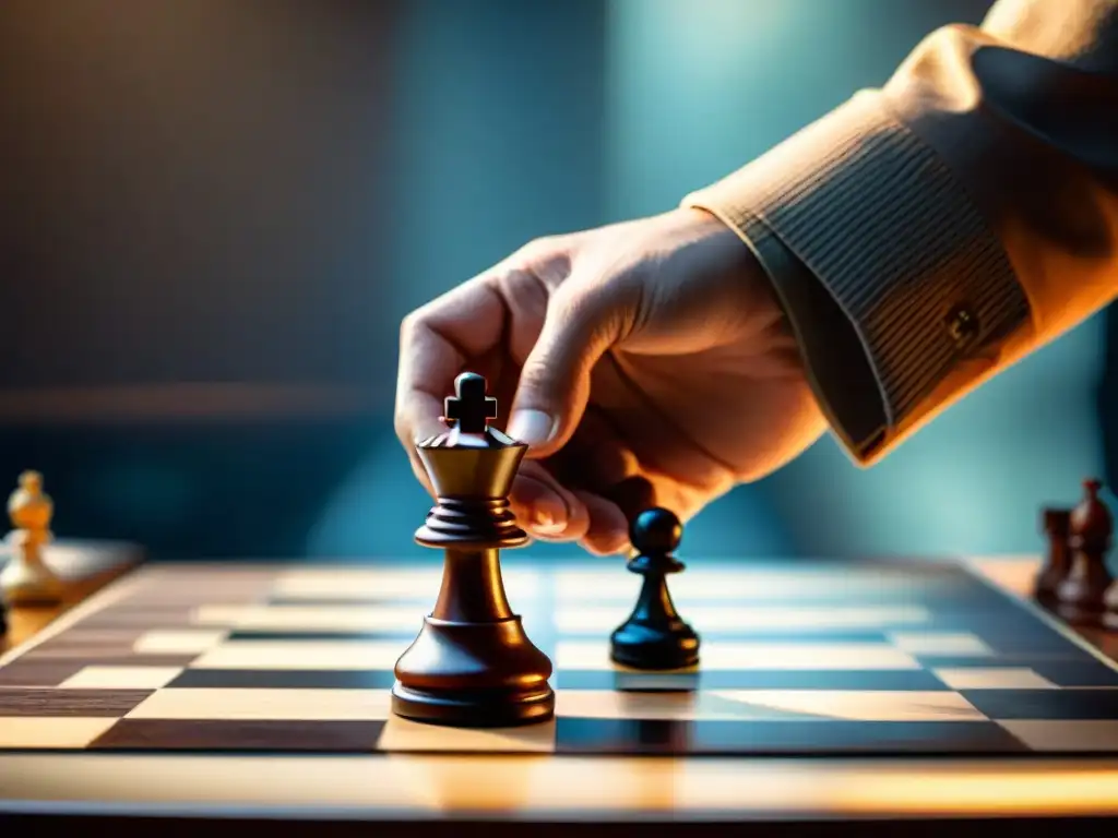 Jugador reflexiona, manos nerviosas mueven pieza de ajedrez en tablero moderno