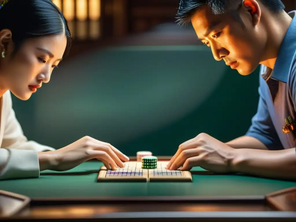 Jugador de Mahjong principiante concentrado en estrategias en ambiente tenso con jugadores avanzados