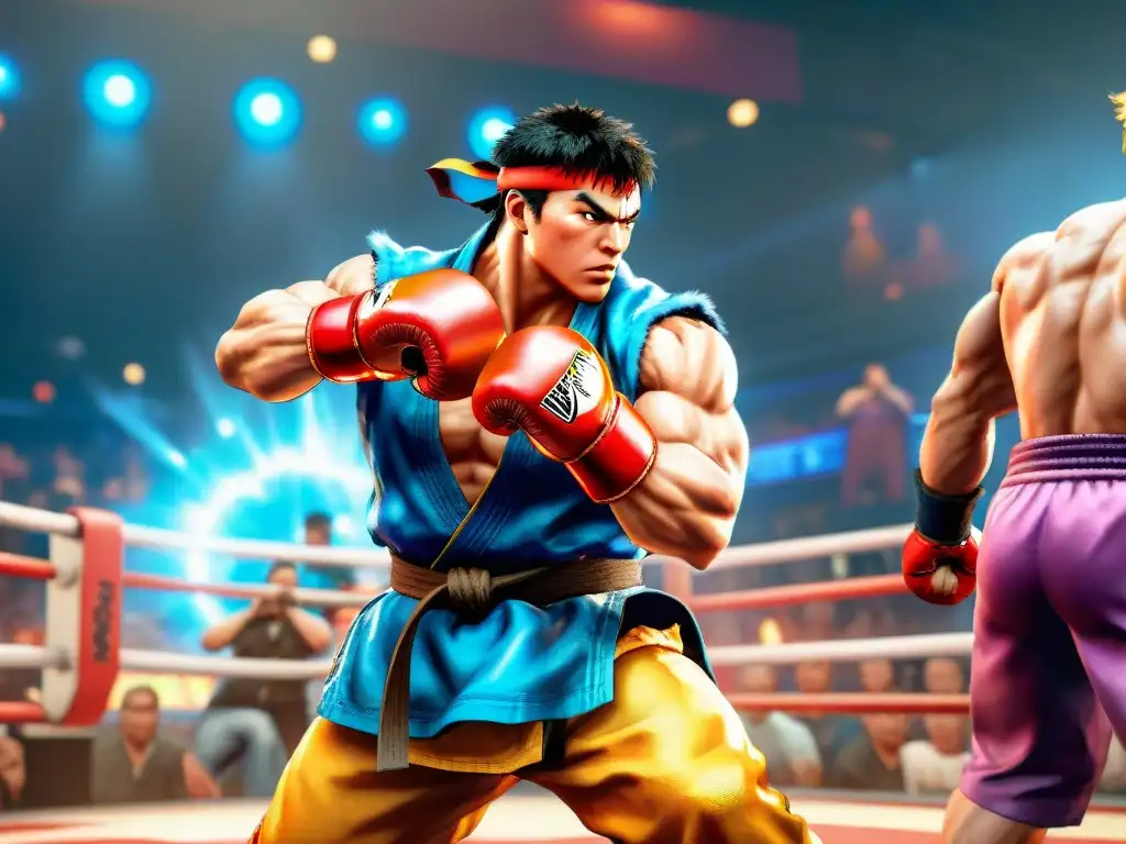 Combate épico: Street Fighter V en torneo profesional Un jugador profesional de Street Fighter V ejecuta un combo poderoso en un torneo competitivo, rodeado de emoción y espectadores