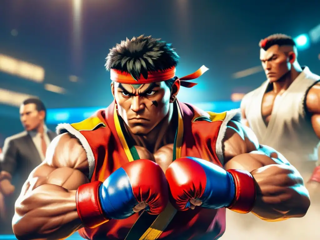 Combo perfecto: Duelo intenso en torneo de Street Fighter V Un jugador profesional de Street Fighter V ejecuta combos perfectos en un torneo, rodeado de emoción y competencia