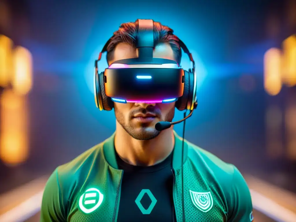 Un jugador profesional de deportes electrónicos inmerso en un mundo virtual futurista a través de un headset de realidad aumentada