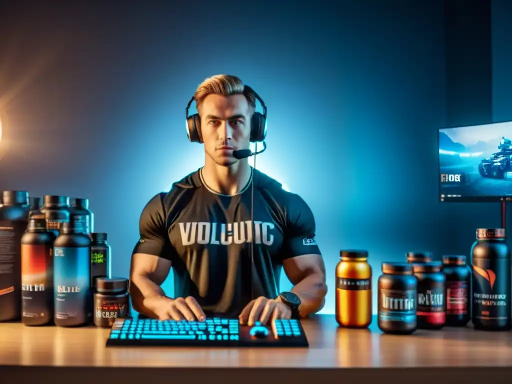 Un jugador profesional de eSports concentrado en su setup, rodeado de suplementos