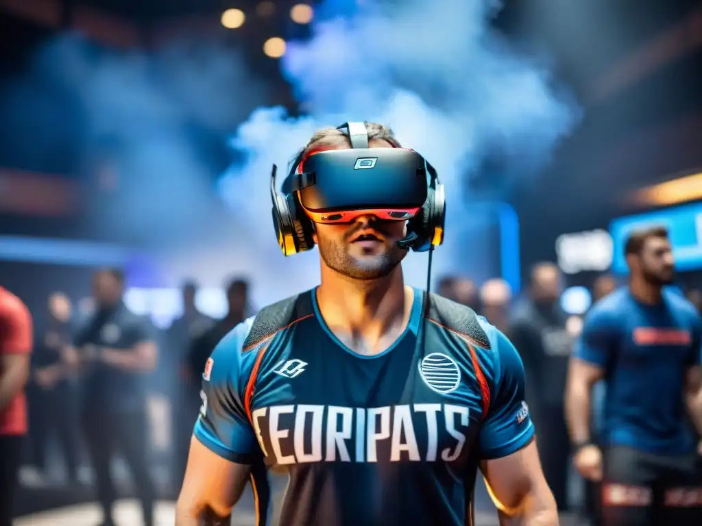 Un jugador profesional de esports concentrado en una competencia de realidad virtual, rodeado de tecnología futurista y una multitud emocionada