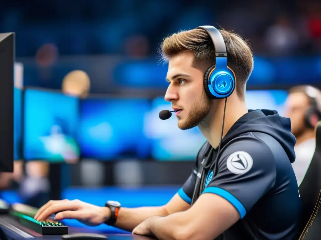 Un jugador profesional de eSports concentrado en una competición, demostrando la mentalidad en eSports y rendimiento