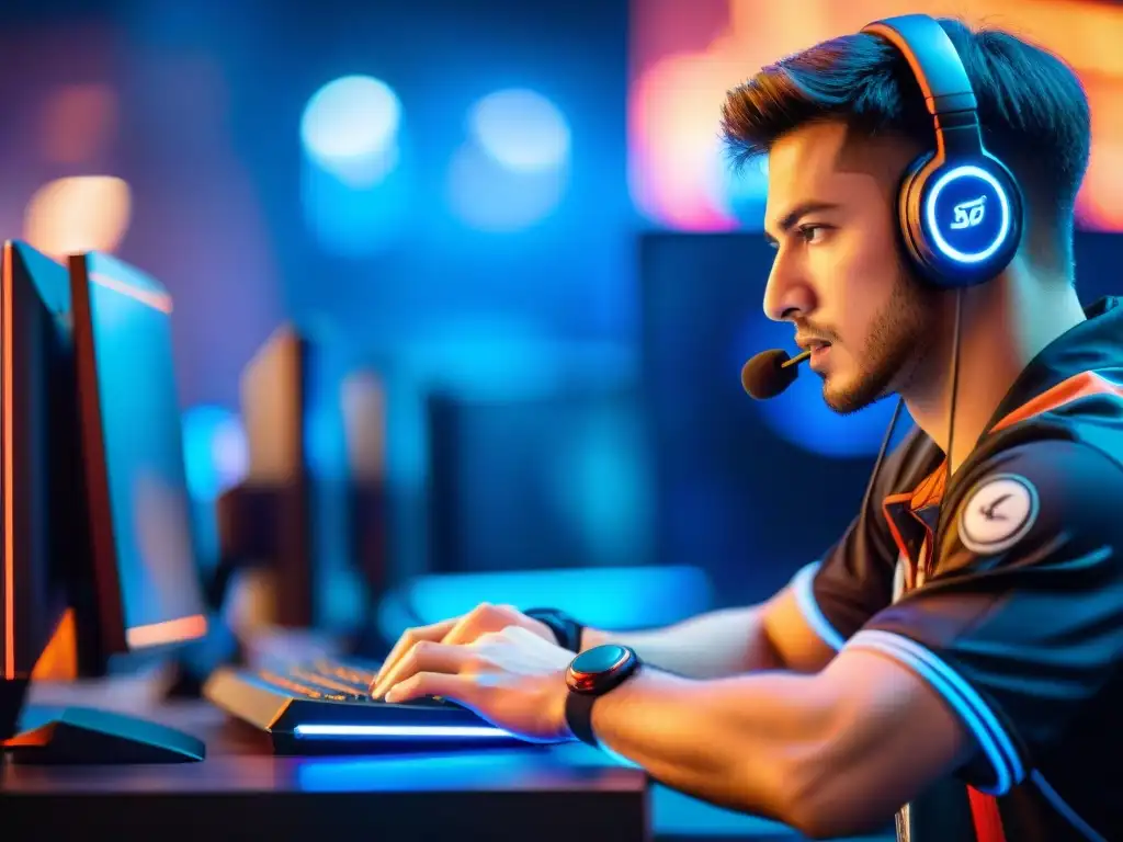 Un jugador profesional de eSports concentrado durante un torneo, demostrando la intensidad y habilidad en su modelo de negocio en eSports