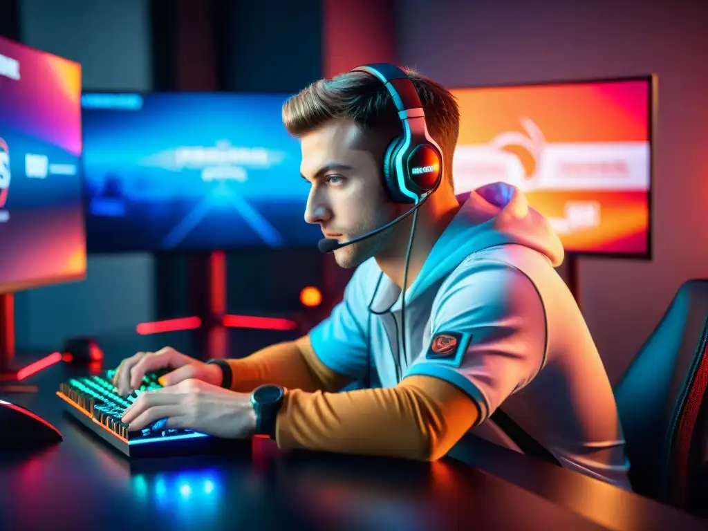 Un jugador profesional de eSports en acción con equipamiento especializado