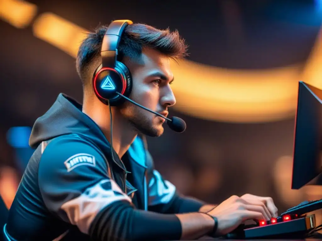 Un jugador profesional de eSports, con intensidad y determinación, se prepara para una crucial partida