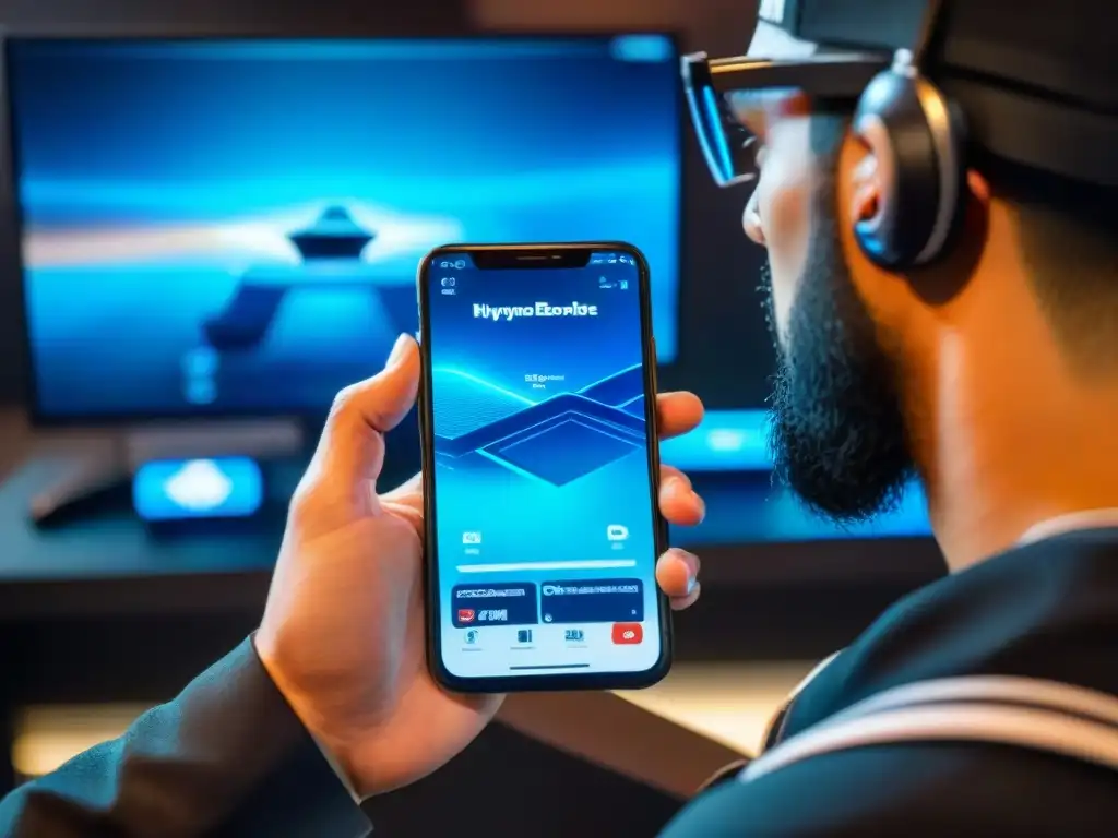 Un jugador profesional de esports móviles concentrado en la competencia, con estrategia y rapidez en sus movimientos