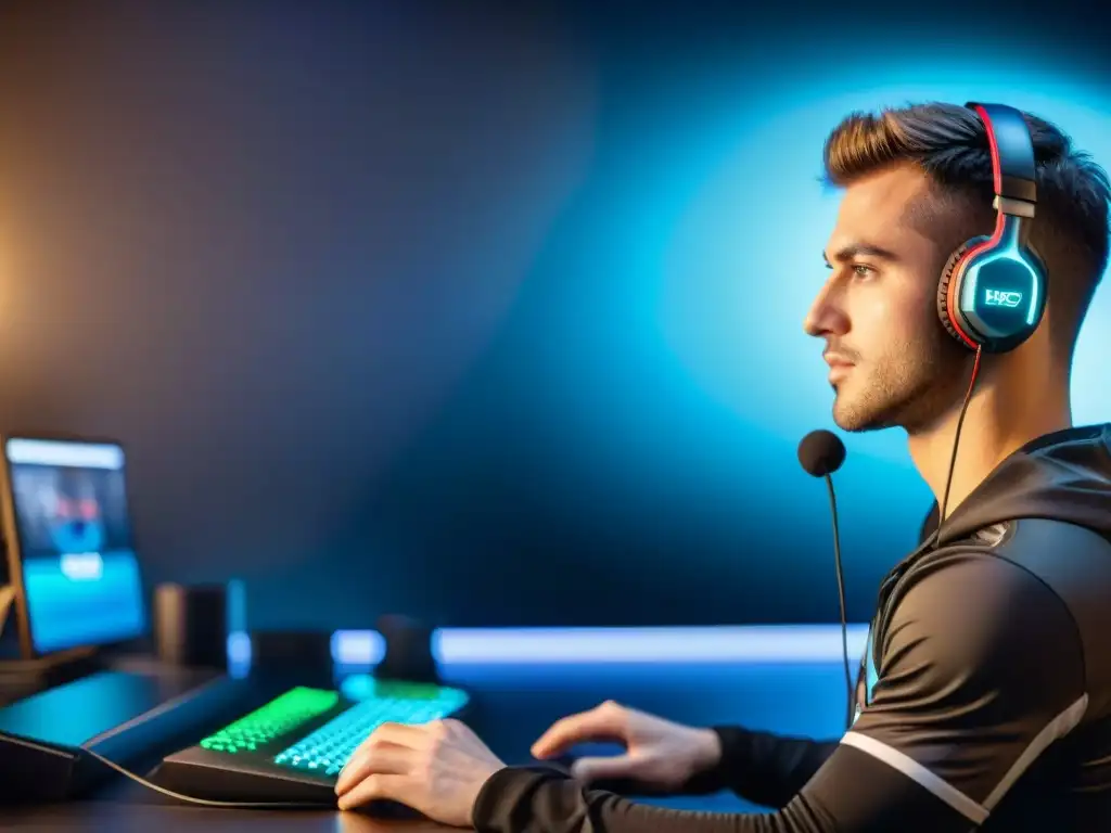 Un jugador profesional de eSports se enfoca intensamente en la pantalla, rodeado de pistas de una vida equilibrada