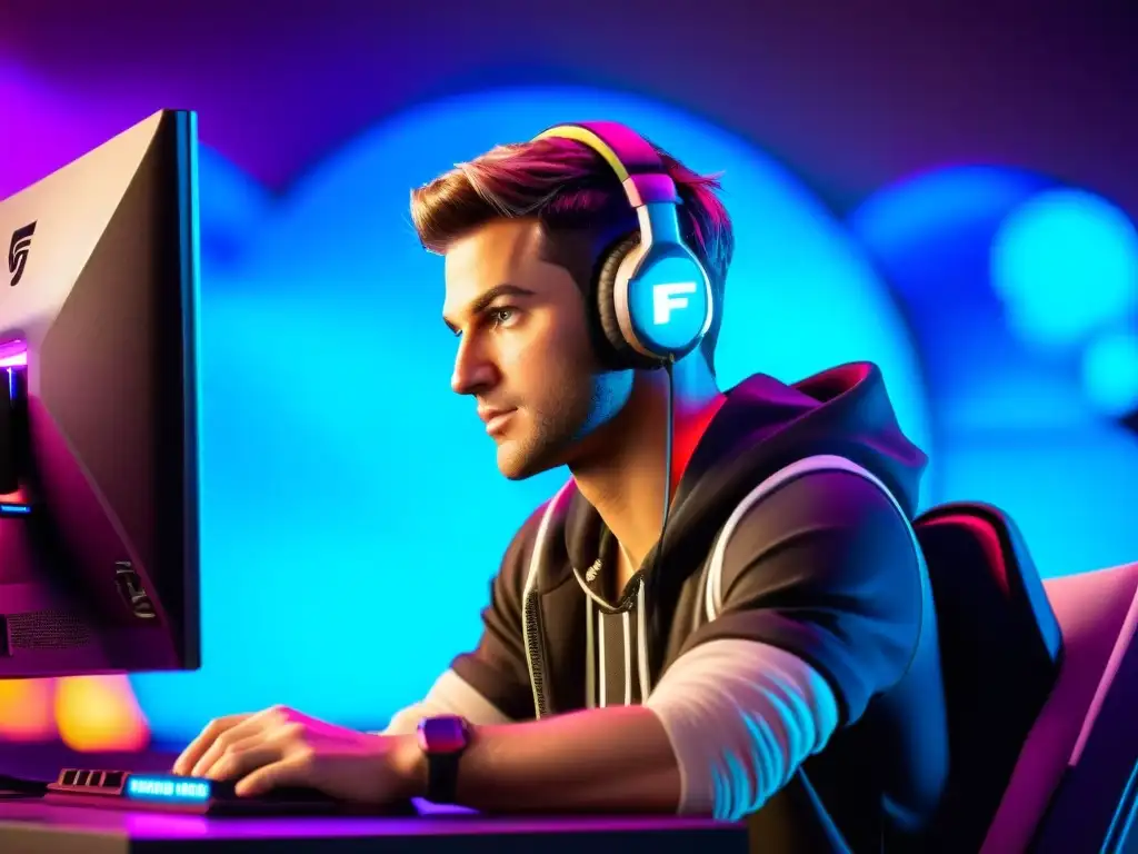 Un jugador profesional de Fortnite concentrado en su estrategia, rodeado de pantallas en un ambiente tenue con luces LED coloridas