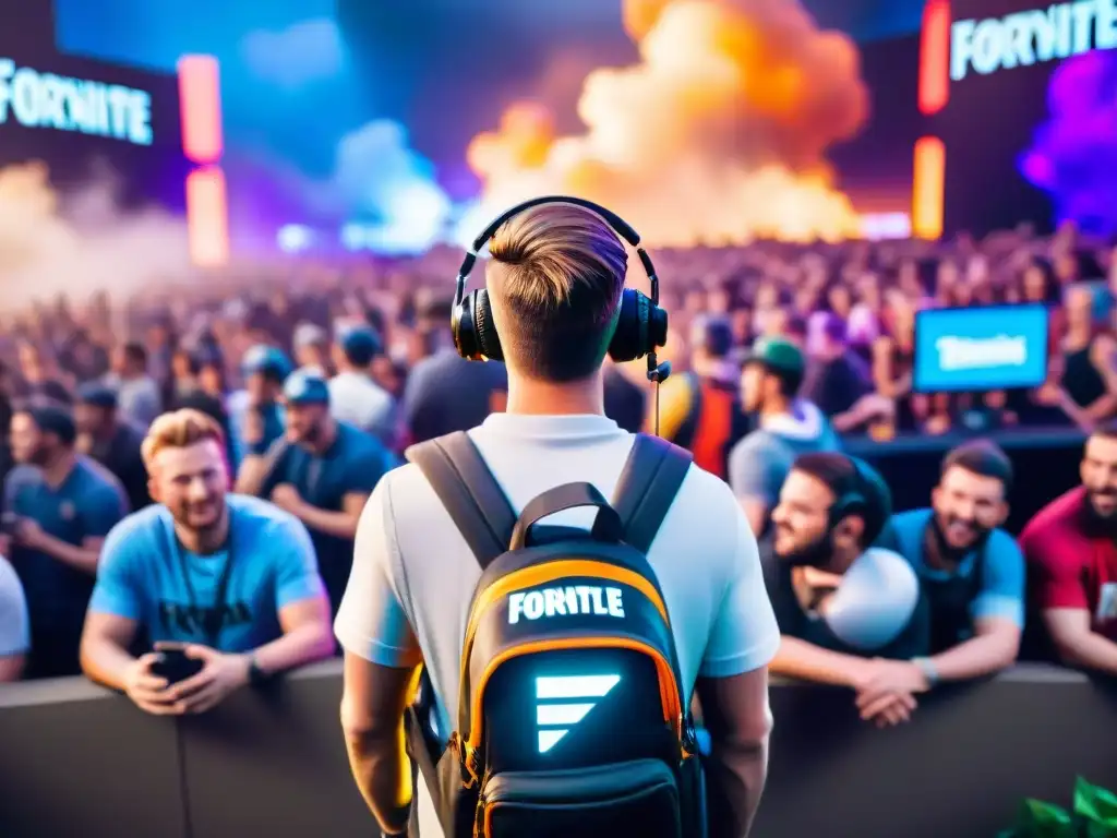 Jugador profesional de Fortnite compitiendo en torneo, enfocado y estratégico