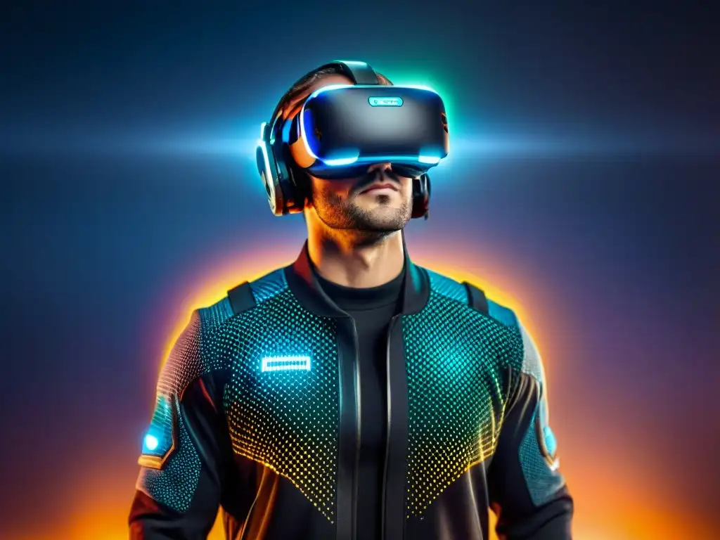 Jugador profesional inmerso en realidad virtual con traje sensorial Jugador profesional con traje de sensores de movimiento inmerso en juego de realidad virtual