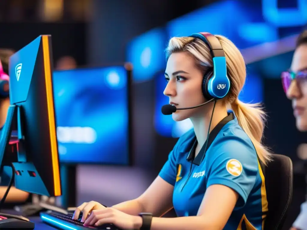 Diversas jugadoras profesionales de eSports, concentradas y emocionadas en una competencia, rodeadas de equipos de juego