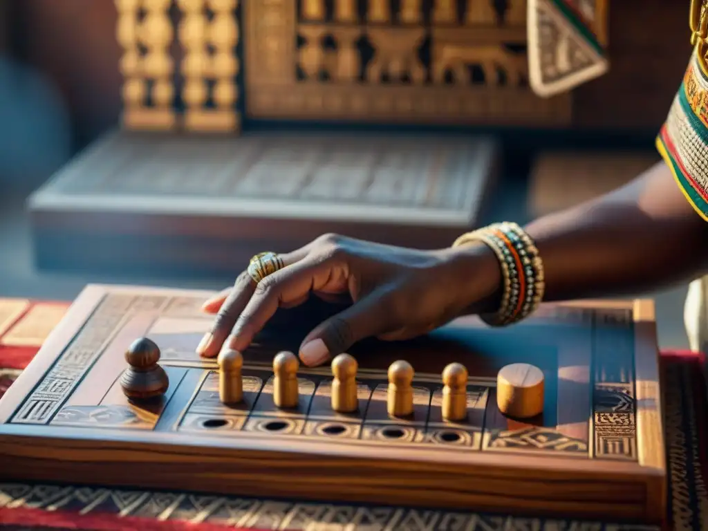 Dos jugadores africanos concentrados estratégicamente en un tablero de Senet de madera, rodeados de símbolos etíopes