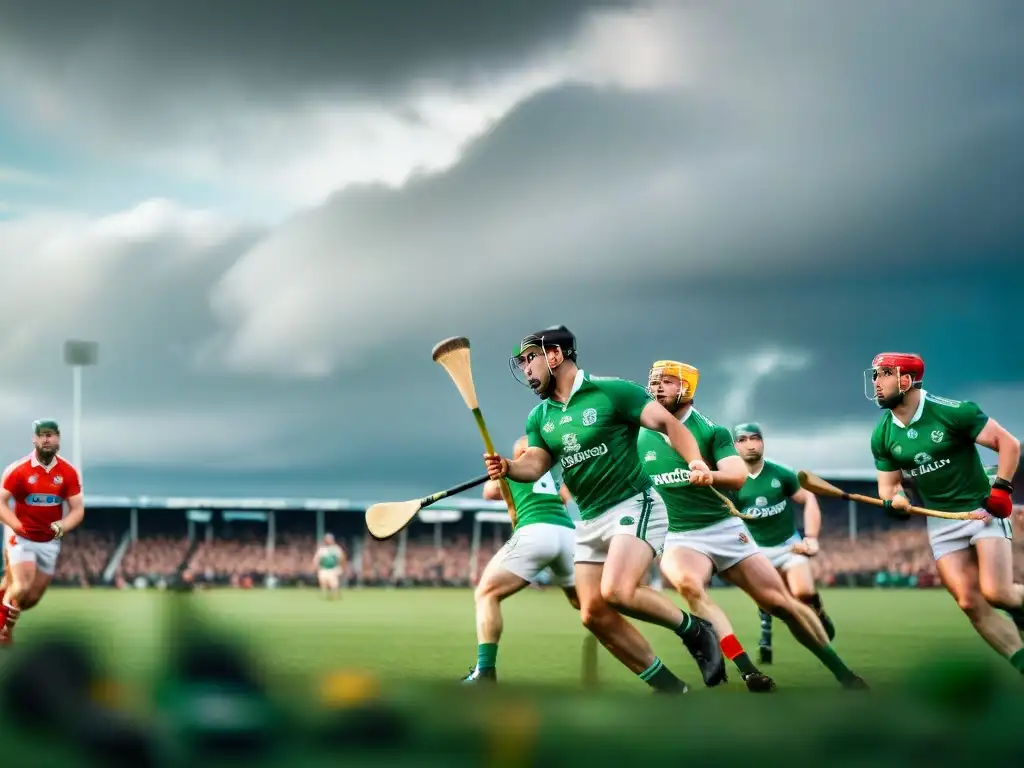 Jugadores apasionados de hurling en Irlanda, vistiendo jerseys tradicionales, bajo un cielo dramático