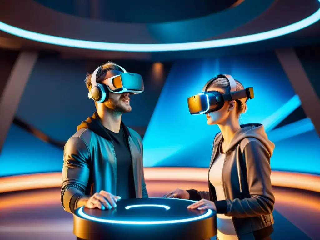 Intensa estrategia en juego de Echo Arena VR Jugadores de VR en arena futurista, comunicándose para ganar en Echo Arena