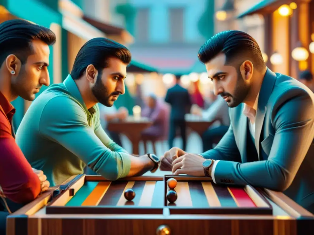 Dos jugadores de backgammon en una vibrante plaza multicultural, demostrando estrategias en un juego universal