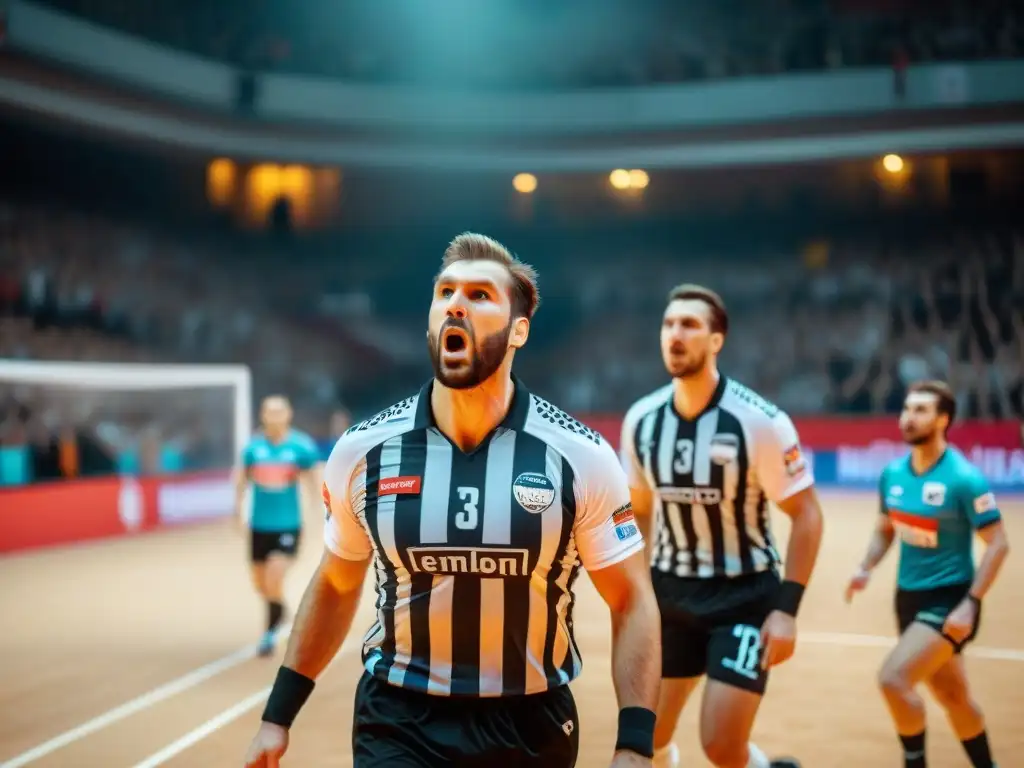 Intensidad y pasión: Partido de balonmano en Europa del Este Jugadores de balonmano en uniformes vintage de Europa del Este, en un emocionante partido