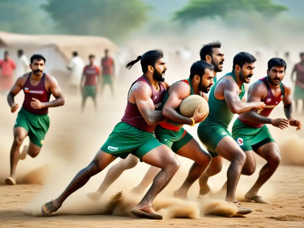 Intensa acción de Kabaddi en la India rural Jugadores de Kabaddi en un campo polvoriento de la India, mostrando la intensidad y estrategia de este deporte ancestral cultura mundo