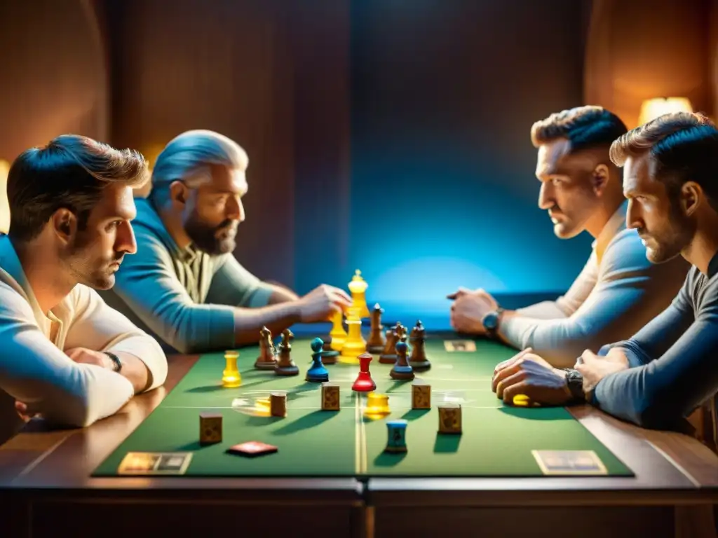 Torneo de Carcassonne: Estrategia y Competencia Intensa Jugadores de Carcassonne concentrados en estrategias competitivas en torneos, en ambiente inmersivo y dramático