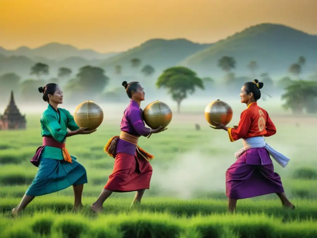 Jugadores de Chinlone en Myanmar, vistiendo trajes coloridos, equilibrando una pelota de ratán con destreza en un campo verde al atardecer