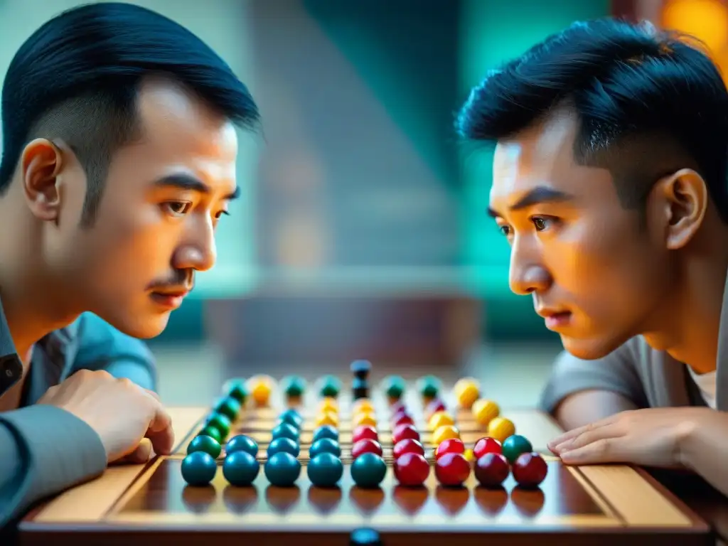 Dos jugadores concentrados en estrategias para ganar en Damas Chinas, inmersos en un juego intenso de tablero colorido