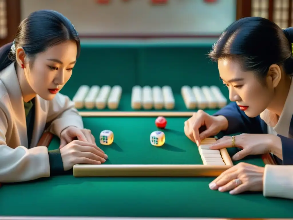 Jugadores de Mahjong concentrados en estrategias, principiantes y avanzados, en una mesa ornamental