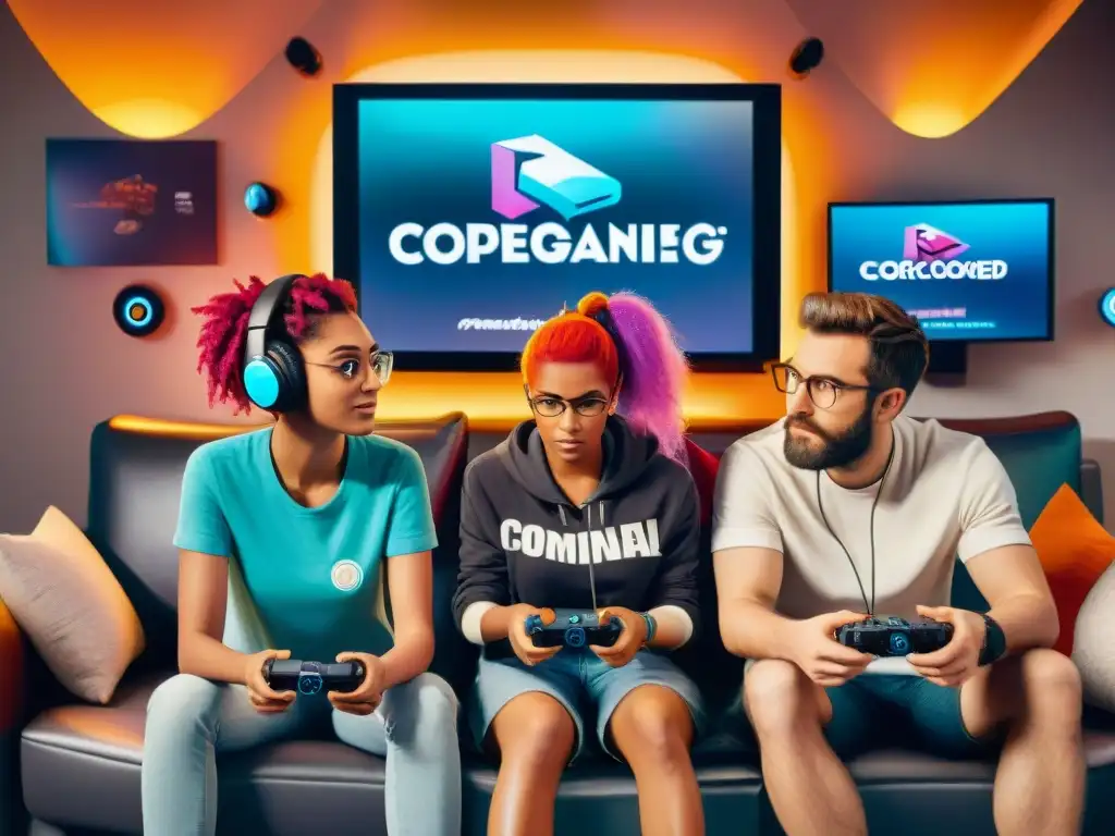 Dos jugadores concentrados en su juego cooperativo, rodeados de parafernalia de videojuegos en una habitación acogedora y tenue