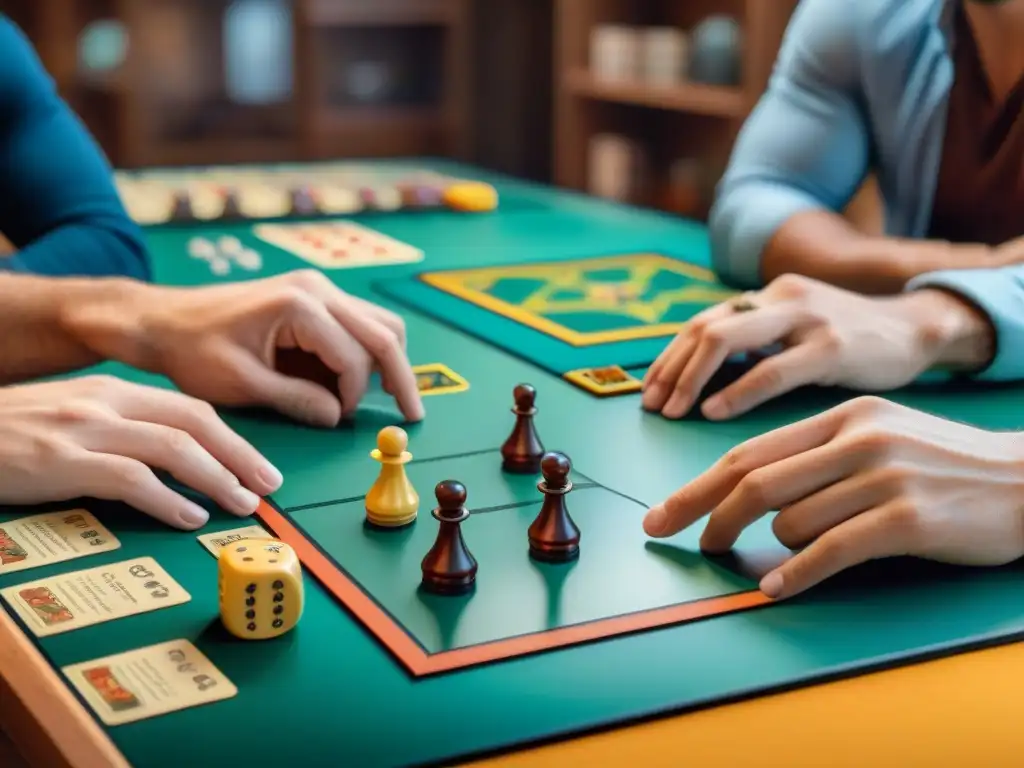 Jugadores concentrados en un juego de mesa menos conocido, estrategias y emoción en el aire