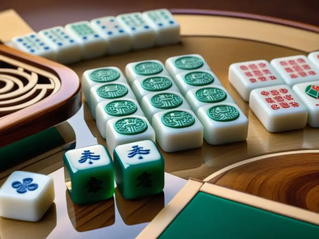 Jugadores concentrados en una partida de mahjong, con piezas talladas que representan símbolos culturales