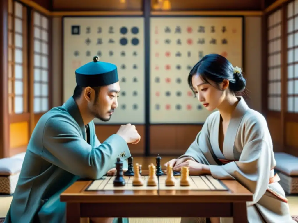 Dos jugadores concentrados en Shogi y Ajedrez en una sala japonesa, legado cultural Shogi Ajedrez