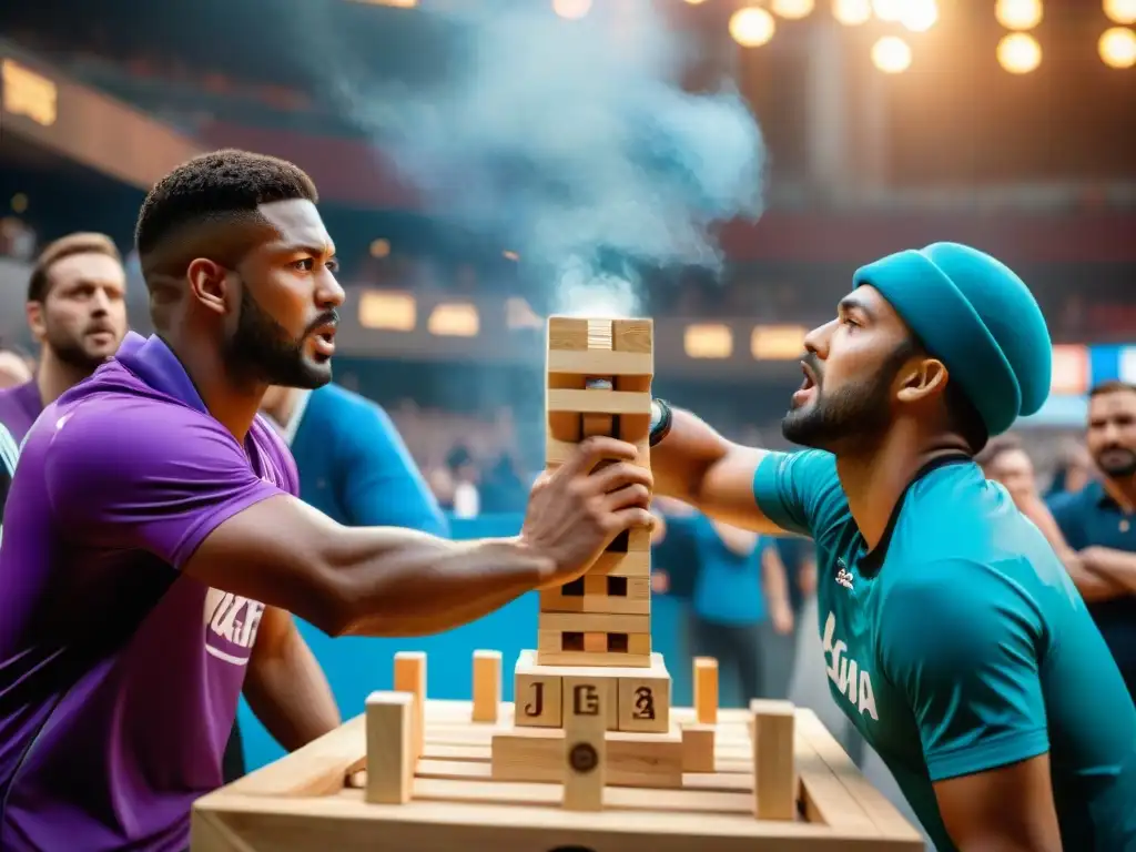 Intenso torneo de Jenga: jugadores en acción Dos jugadores concentrados en un torneo de Jenga, retirando bloques con cuidado