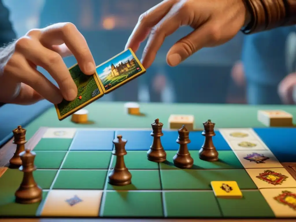 Tensión en torneo de Carcassonne: estrategia medieval en juego Jugadores concentrados en torneo de Carcassonne, estrategias competitivas en juego medieval