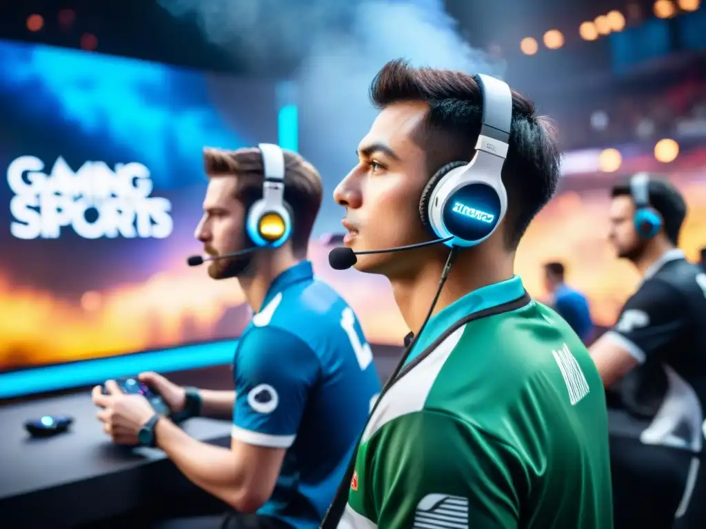 Dos jugadores destacados de eSports históricos compiten intensamente en una arena, rodeados de espectadores en un ambiente electrizante