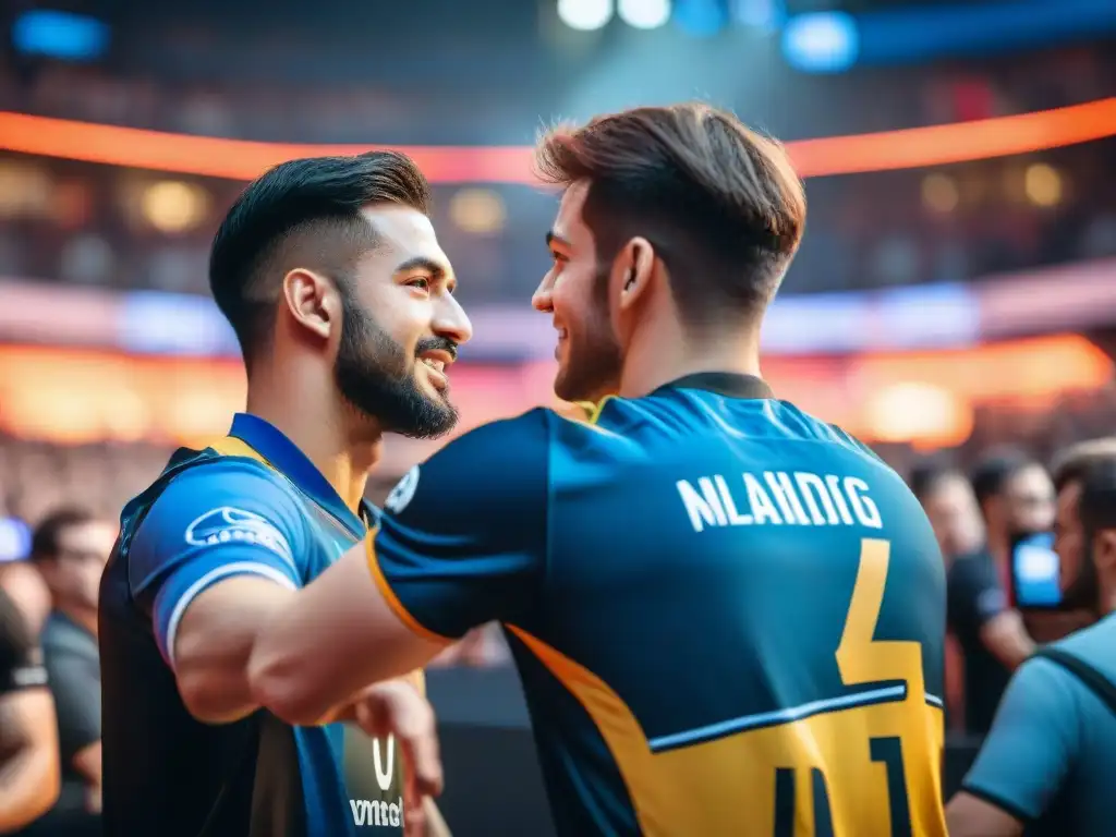 Dos jugadores de eSports se estrechan la mano en señal de Fair Play y Ética en eSports, rodeados de una multitud emocionada