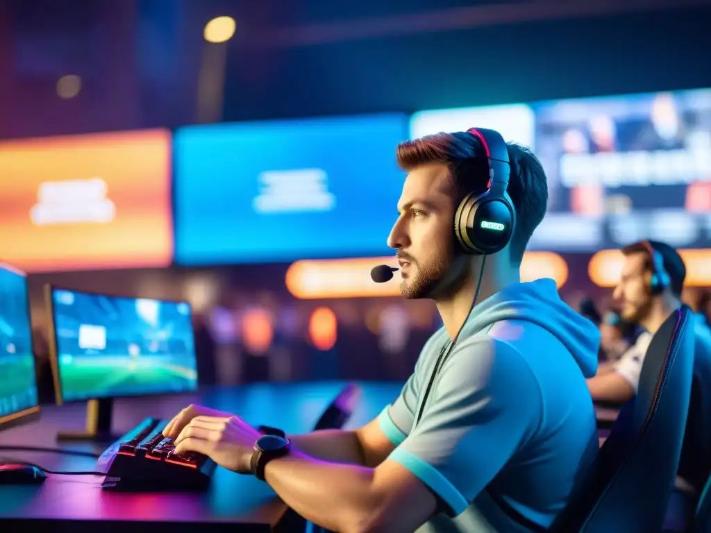 Dos jugadores de eSports compiten intensamente, rodeados de espectadores emocionados, en un juego decisivo