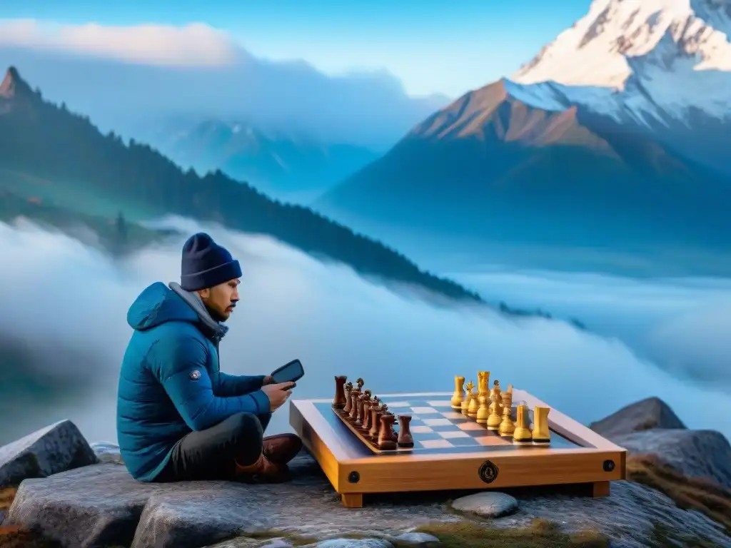 Dos jugadores de Go concentrados en una partida estratégica en la cima nevada de una majestuosa montaña