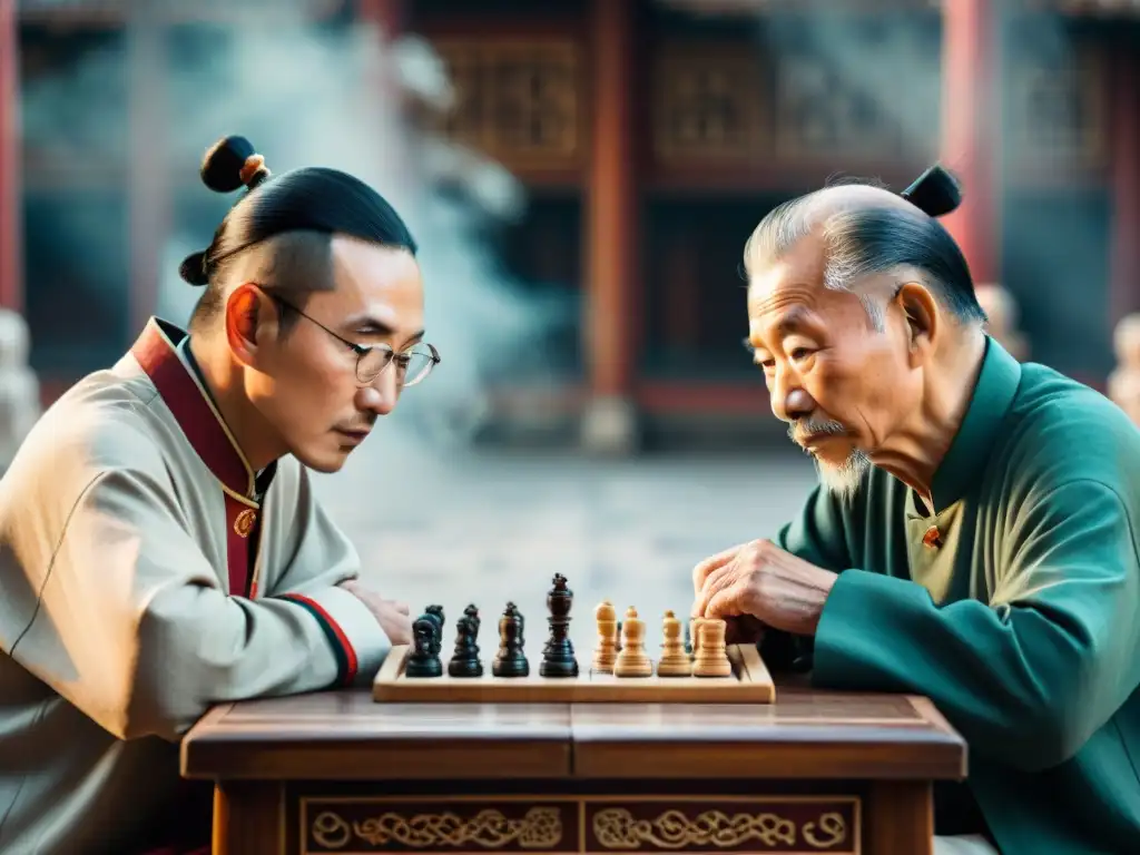 Dos jugadores hábiles de Xiangqi, uno joven y otro anciano, concentrados en el tablero de ajedrez chino