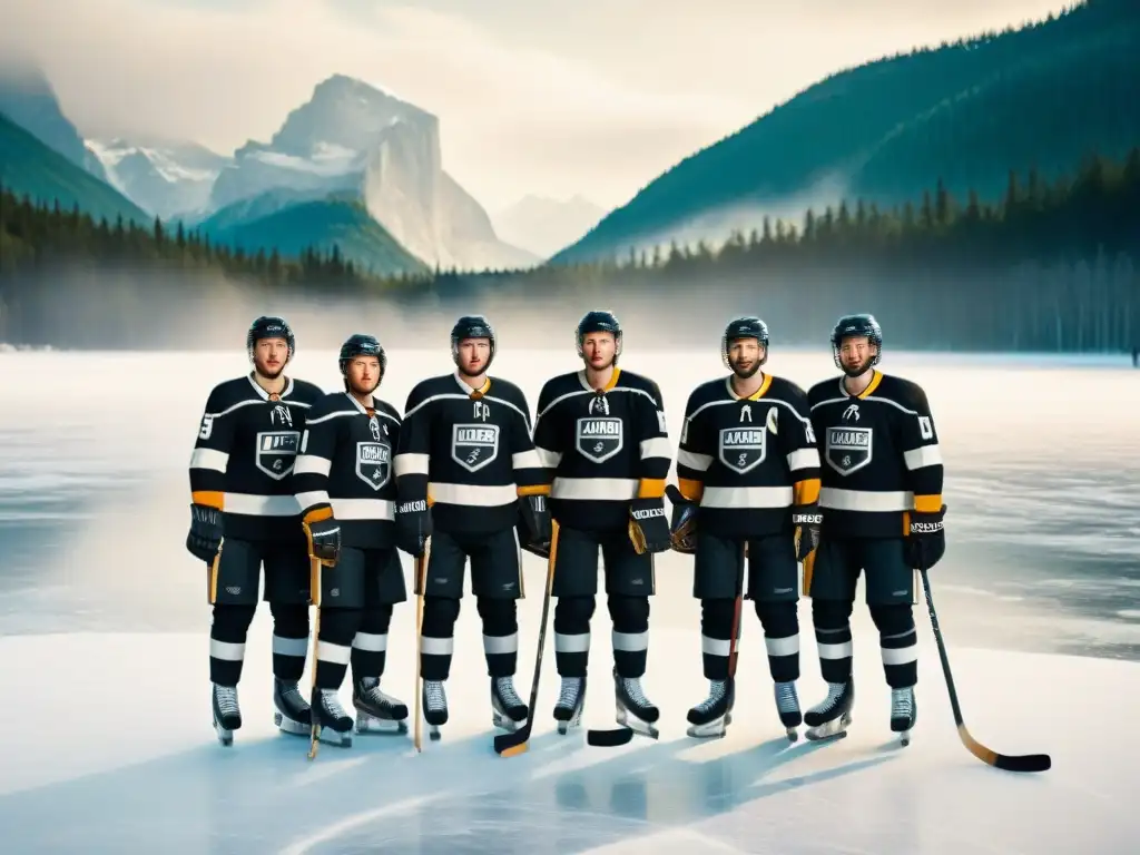 Jugadores de hockey sobre hielo en lago helado, con aspecto vintage y determinación