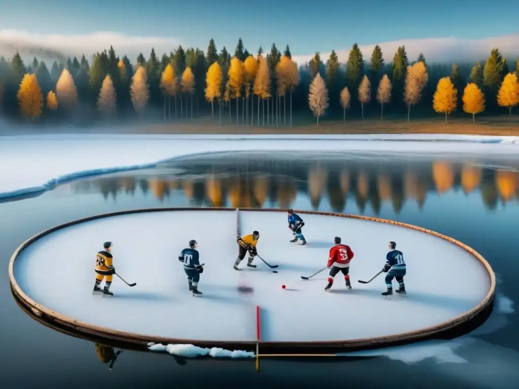 Jugadores de hockey sobre hielo del siglo XX en un lago congelado, evocando los orígenes de este deporte