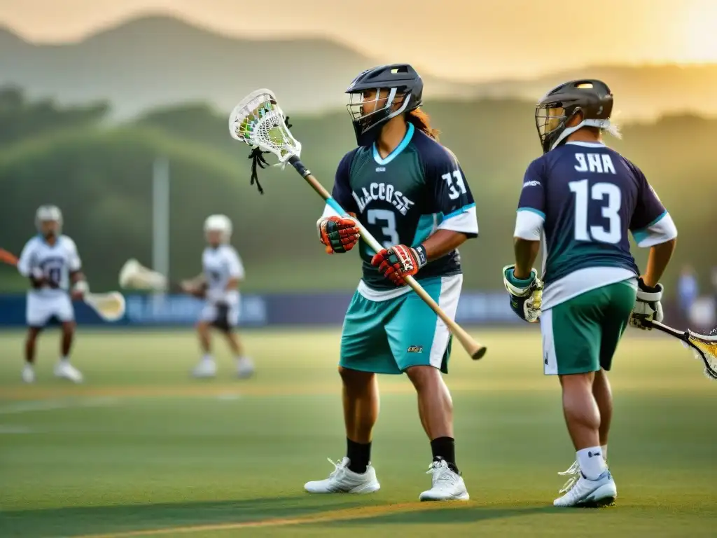 Jugadores indígenas en atuendos tradicionales de lacrosse en un campo verde al atardecer