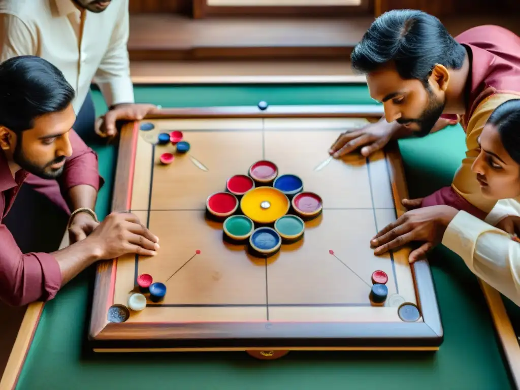 Jugadores indios compitiendo en un torneo de carrom, demostrando su pasión y habilidad en juegos tradicionales asiáticos evolución digital