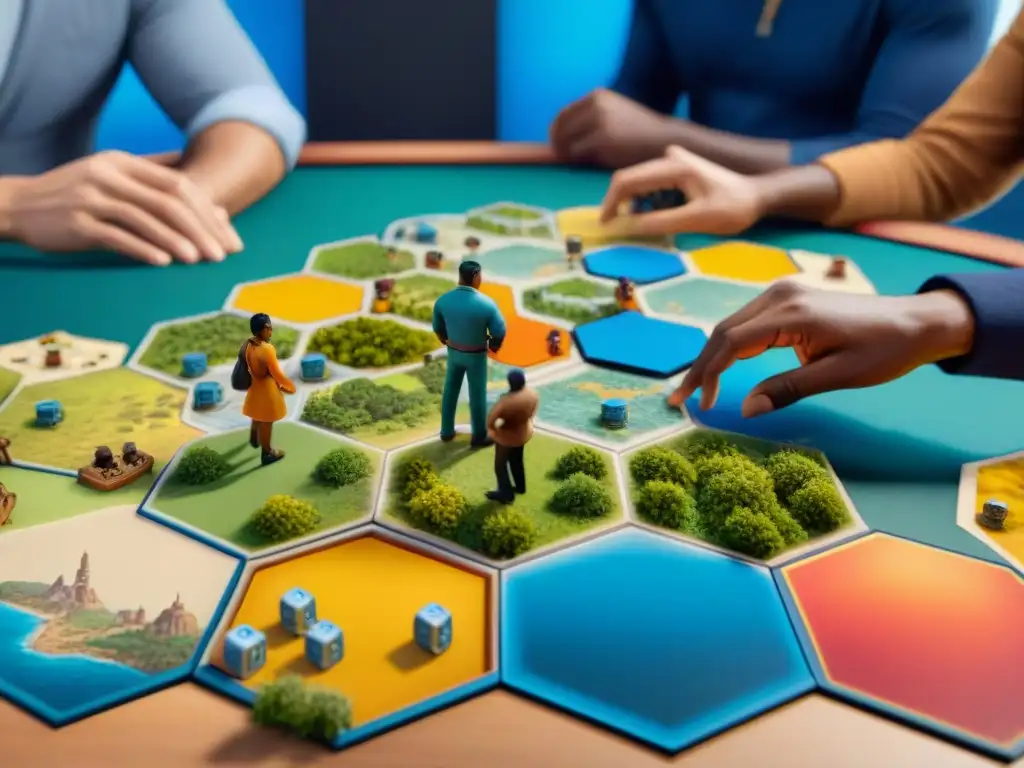 Jugadores inmersos en la estrategia del juego de Catan, con piezas vibrantes y expresiones de emoción